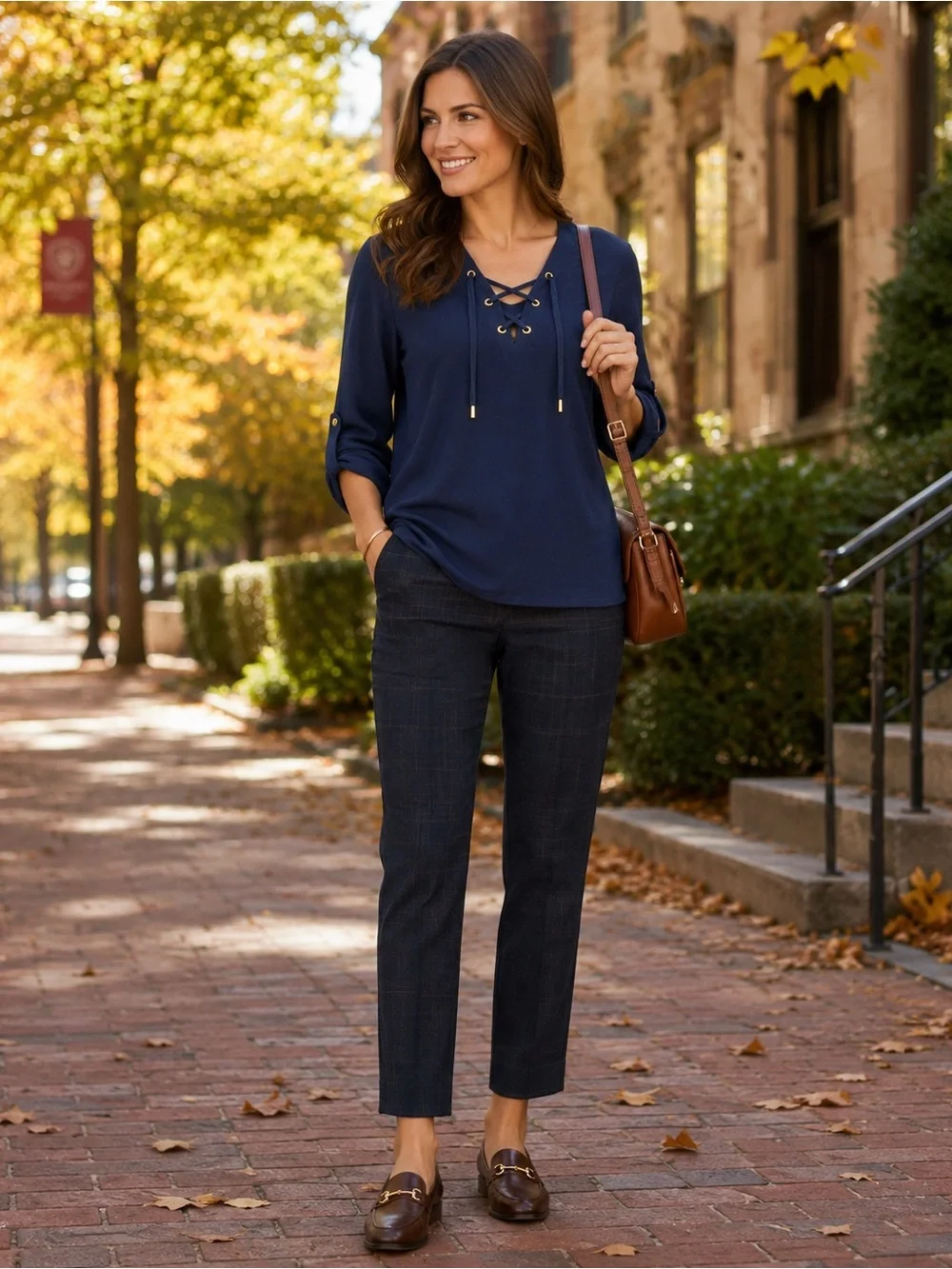 Michael Michael Kors Small Navy Lace Up Roll Tab Sleeve Top Gold Hardware